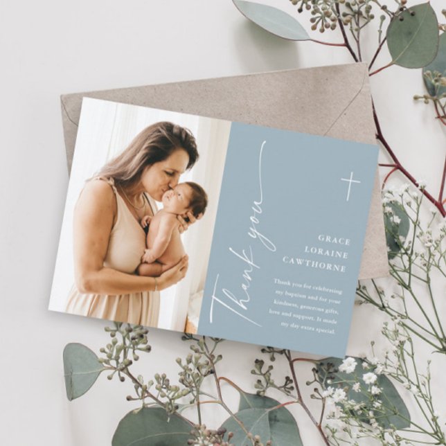 Modern Elegant Script Photo Baptism Thank You Card (Creator Uploaded)