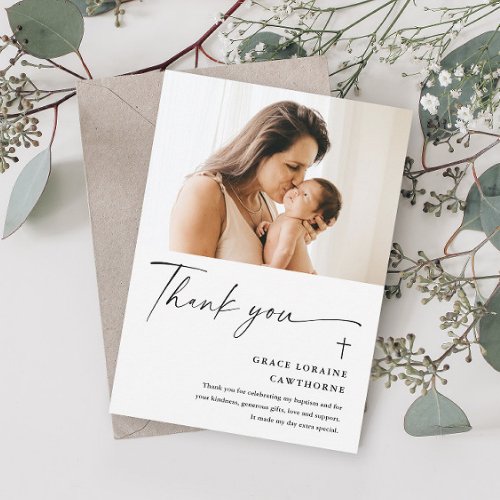 Modern Elegant Script Photo Baptism Thank You Card