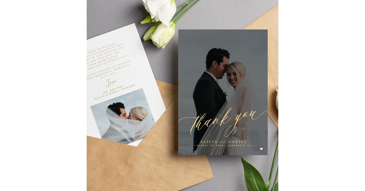 Modern elegant script photo black gold wedding thank you card | Zazzle