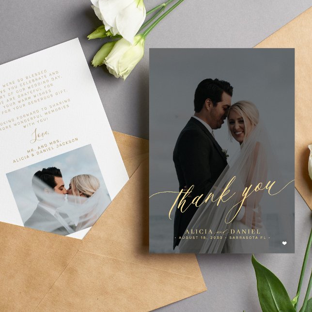 Modern elegant script photo black gold wedding  thank you card (Creator Uploaded)