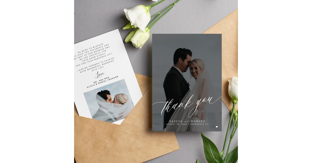 Modern elegant script photo black white wedding thank you card | Zazzle