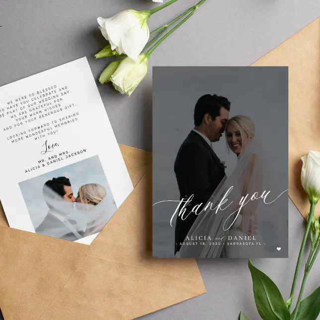 Modern elegant script photo black white wedding thank you card | Zazzle