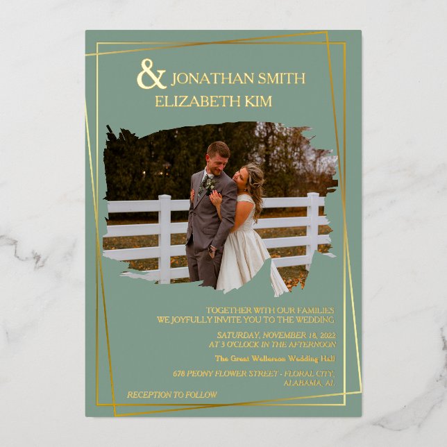 Modern Elegant Script Photo brush Overlay Wedding Foil Invitation (Front)