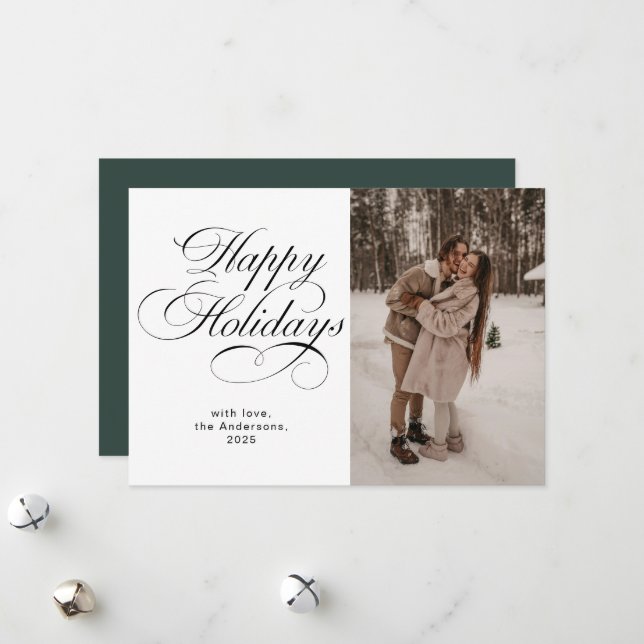 Modern Elegant Script Photo Collage Christmas Holiday Card (Front/Back In Situ)