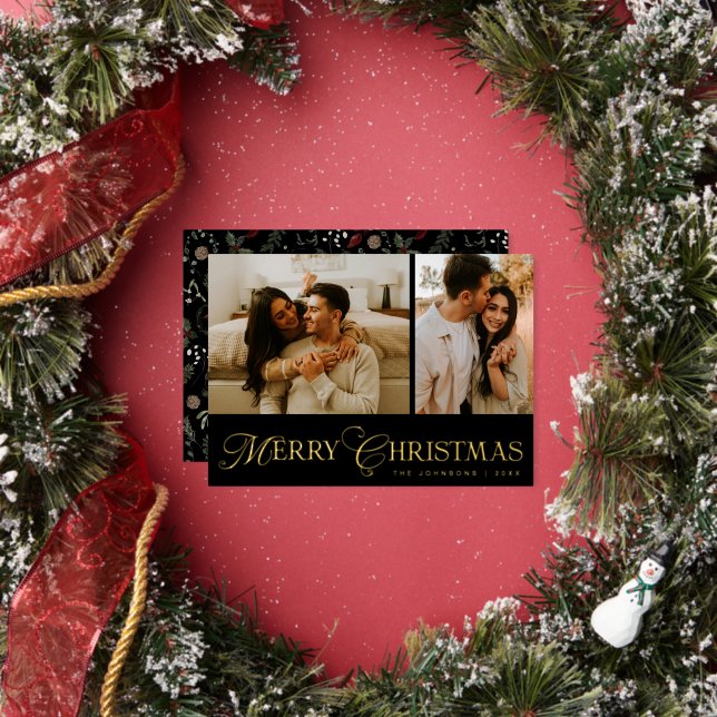 Modern Elegant Script Photo Collage Gold Christmas Foil Holiday Card (Insitu)