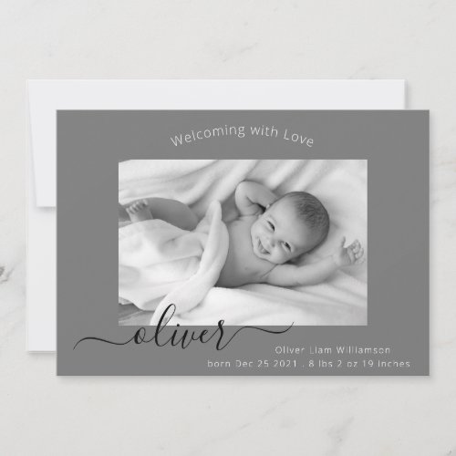 Modern Elegant Script Photo Collage New Baby Birth Announcement