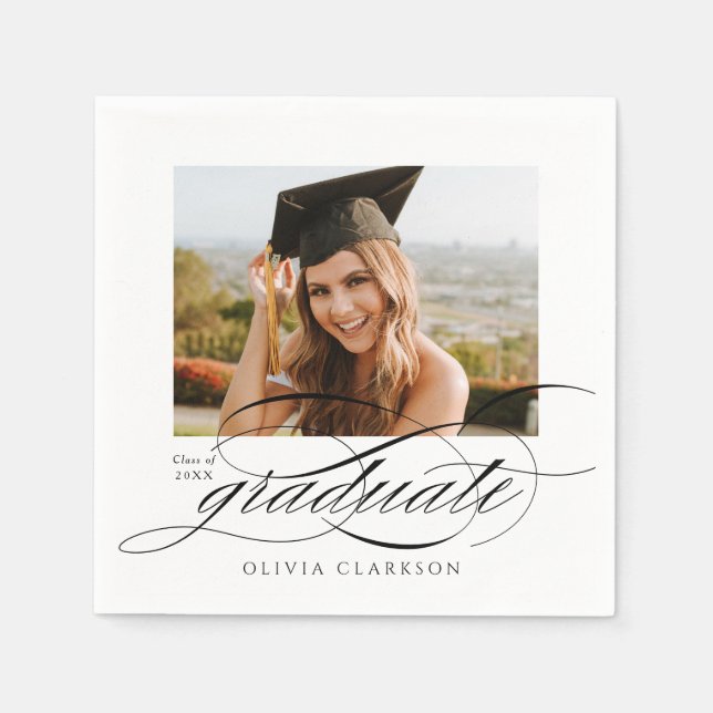 Modern Elegant Script Photo Graduation Party Napkins (Front)