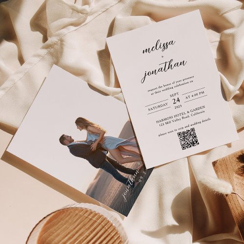 Modern Elegant Script Photo QR code Rsvp Wedding Invitation