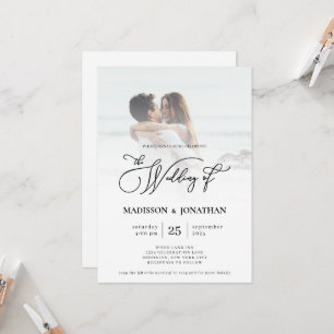 Modern Elegant Script Photo QR Code Wedding Invitation