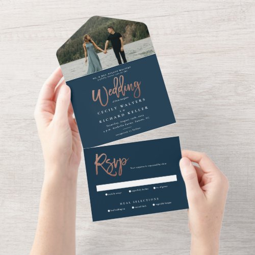 Modern elegant script photo RSVP wedding All In One Invitation