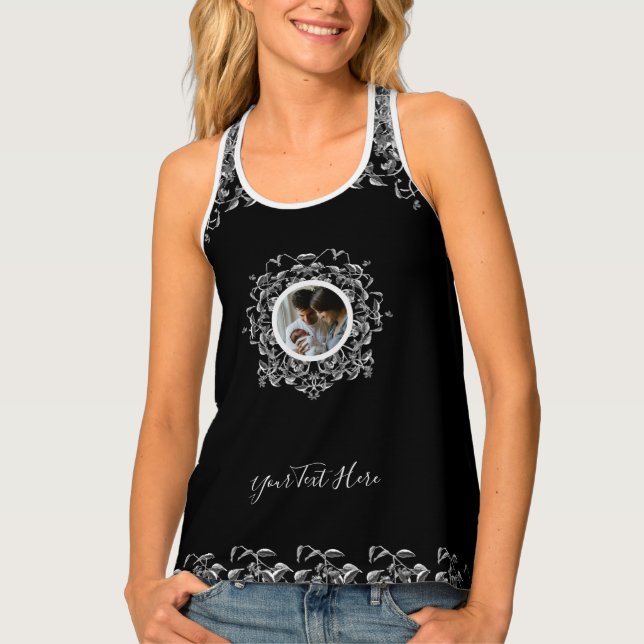 Modern Elegant Script Photo Vines Leaves Tank Top (Front)