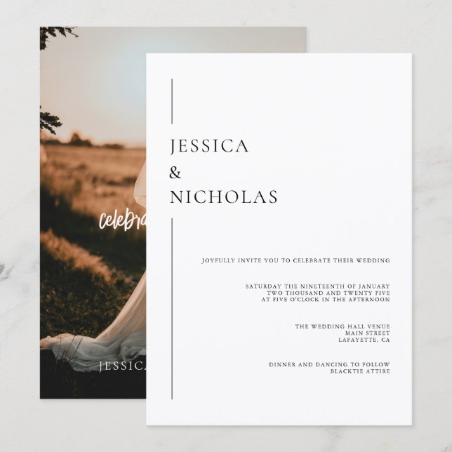 Modern Elegant Script Photo Wedding Classic Invitation (Front/Back)