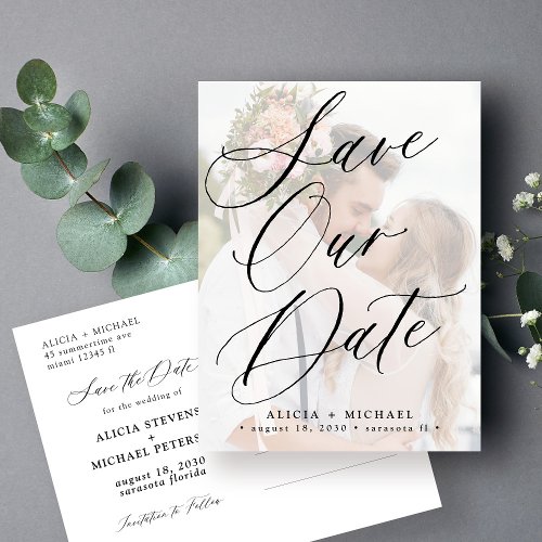 Modern elegant script photo wedding save the date announcement postcard