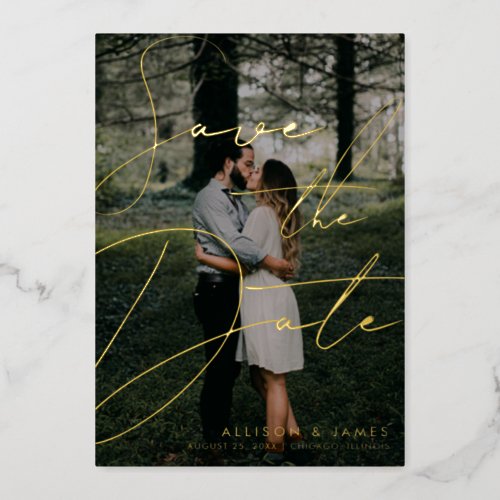 Modern Elegant Script Photo Wedding Save the Date Foil Invitation