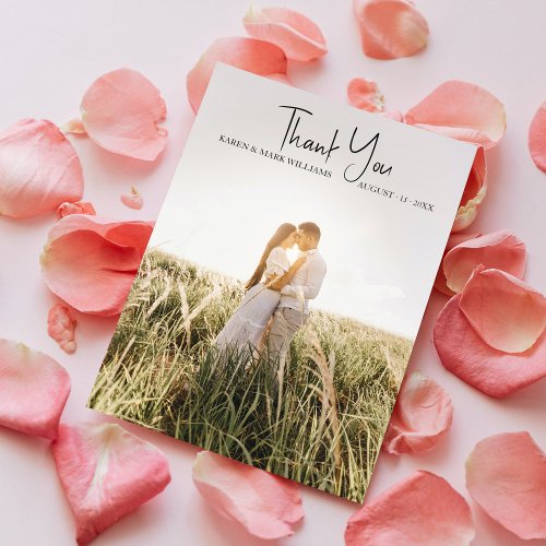 Modern Elegant Script Photo Wedding Thank You Card