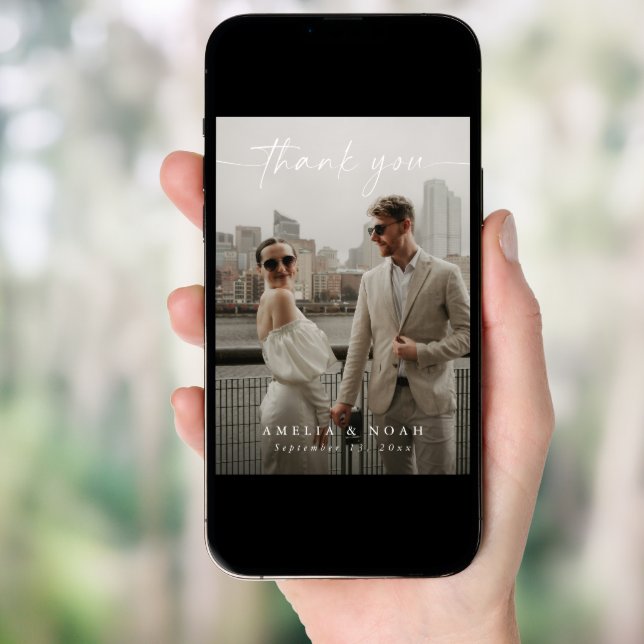Modern Elegant Script Photo Wedding Thank You Card (Front Digital)