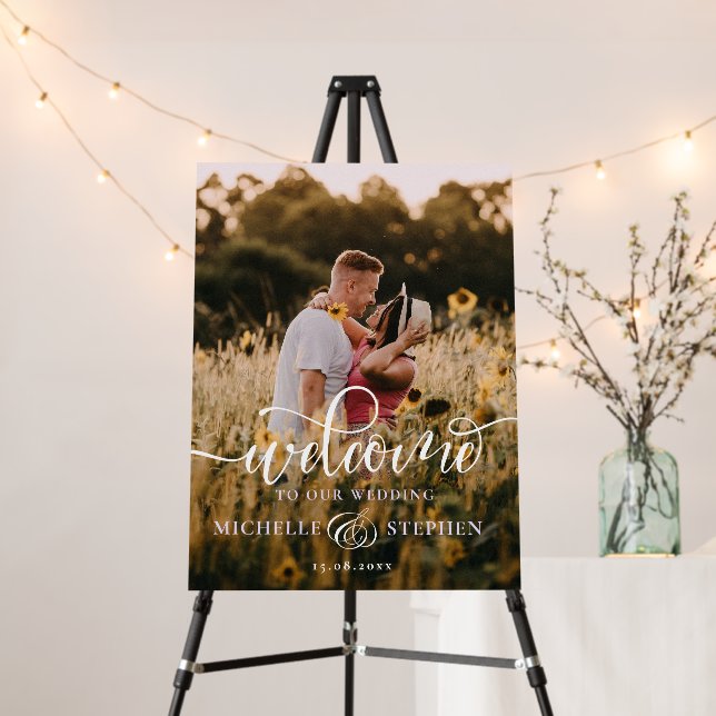 Modern Elegant Script Photo Wedding Welcome Foam Board (In Situ (Stand))