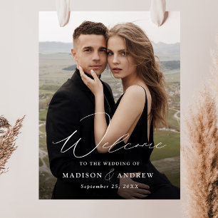 Modern Elegant Script Photo Wedding Welcome Sign