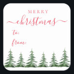 Modern & Elegant Script Pine Trees Christmas Gift Square Sticker<br><div class="desc">Our stylish gift sticker is the perfect choice for this holiday season! Modern and elegant the design features "Merry Christmas" in a red script and watercolor pine trees at the bottom as decoration.</div>