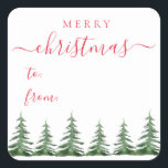 Modern & Elegant Script Pine Trees Christmas Gift Square Sticker<br><div class="desc">Our stylish gift sticker is the perfect choice for this holiday season! Modern and elegant the design features "Merry Christmas" in a red script and watercolor pine trees at the bottom as decoration.</div>