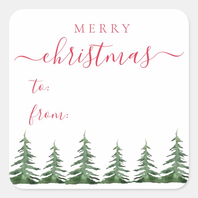 Modern & Elegant Script Pine Trees Christmas Gift Square Sticker (Front)