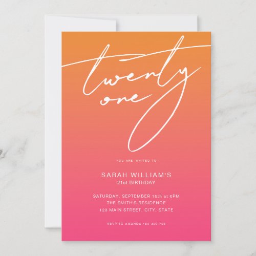 Modern Elegant Script Pink Orange 21st Birthday Invitation