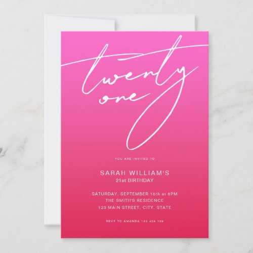 Modern Elegant Script Pink Red 21st Birthday Invitation