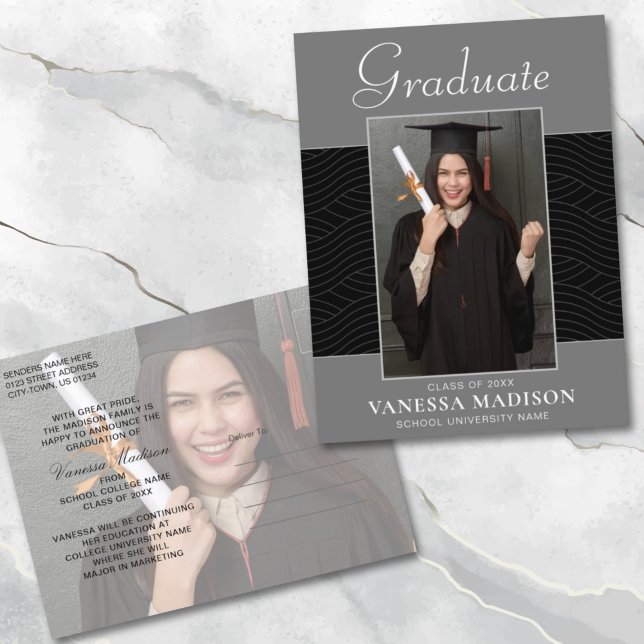 Modern | Elegant Script Platinum Gray 2 Photo Grad Postcard (Creator Uploaded)