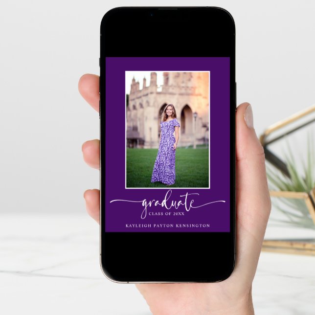 Modern Elegant Script Purple Graduation Photo Announcement (Front Digital)