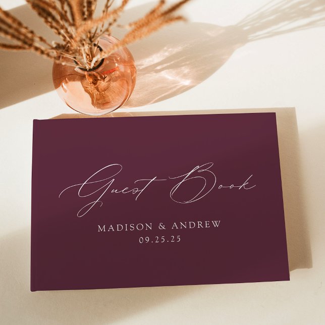 Modern Elegant Script Purple Photo Wedding Guest Book (Creator Uploaded)
