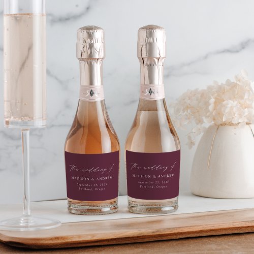 Modern Elegant Script Purple Wedding Sparkling Wine Label