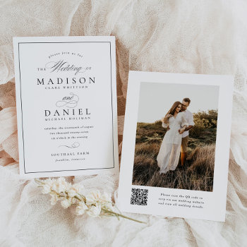 Modern Elegant Script Qr Code Photo Budget Wedding Invitation by JAmberDesign at Zazzle