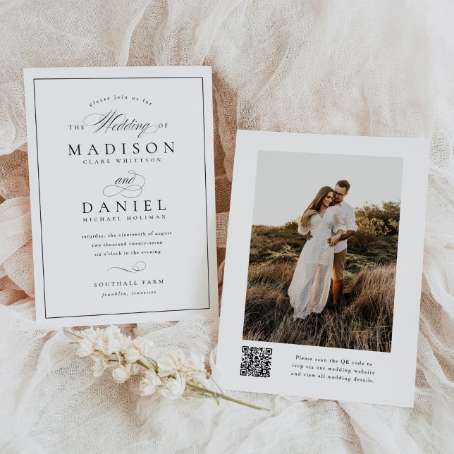Modern Elegant Script QR Code Photo Budget Wedding Invitation (Creator Uploaded)