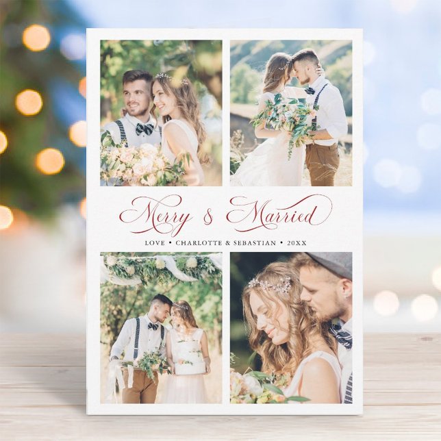 Modern Elegant Script Red Merry & Married 4 Photo  Holiday Card (Creator Uploaded)