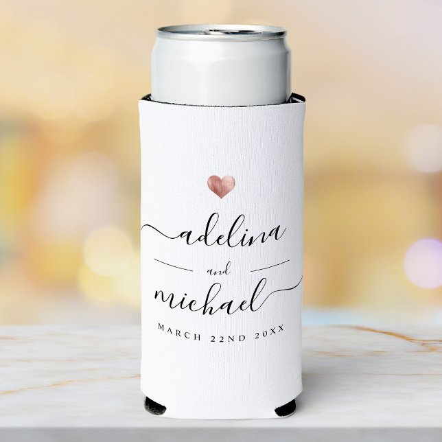 Modern Elegant Script Rose Gold Wedding Favor Seltzer Can Cooler (Creator Uploaded)