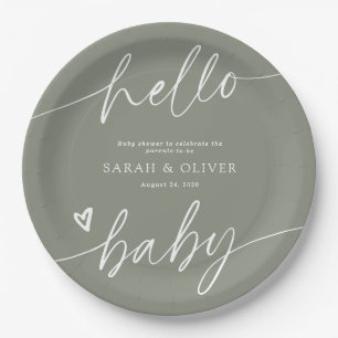Modern Elegant Script Sage Green Baby Shower Paper Plates