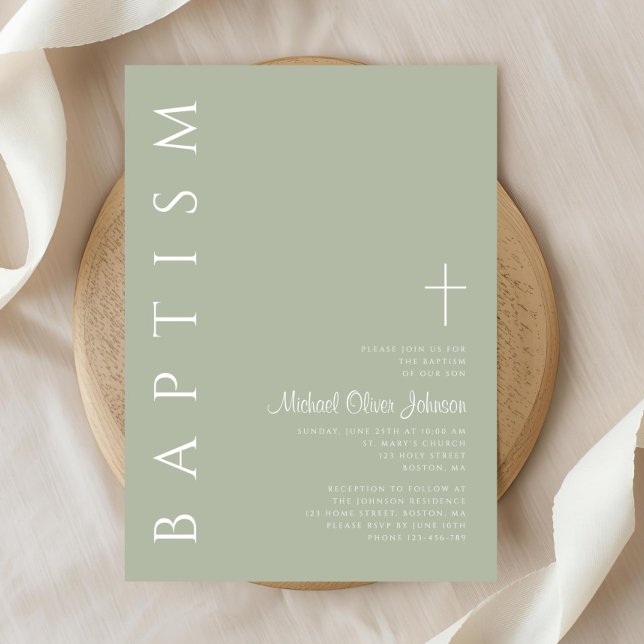 Modern Elegant Script Sage Green Baptism Invitation (Modern Elegant Script Sage Green Baptism Invitation)