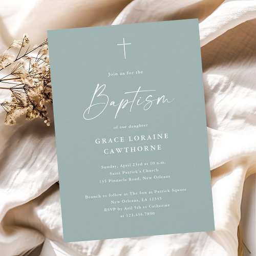 Modern Elegant Script Sage Green Baptism Invitation