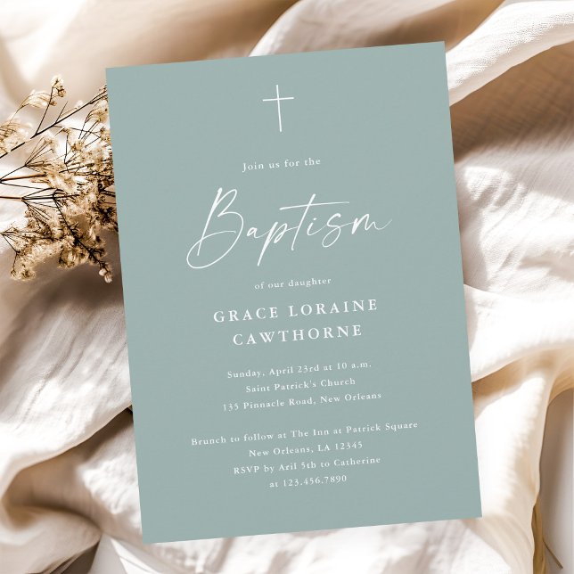 Modern Elegant Script Sage Green Baptism Invitation (Modern elegant script sage green gender neutral baptism invitation.)