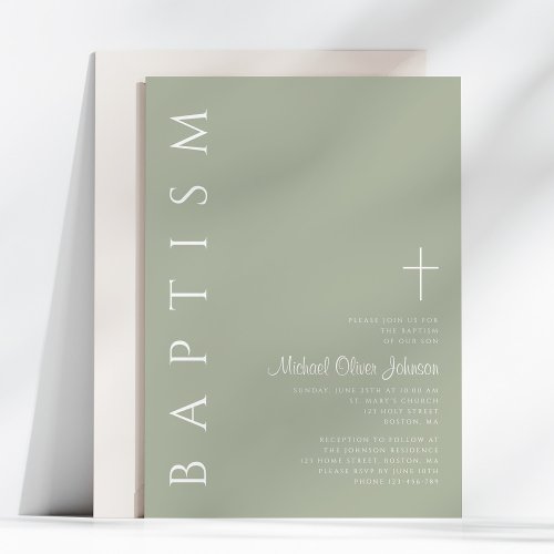 Modern Elegant Script Sage Green Baptism Invitation