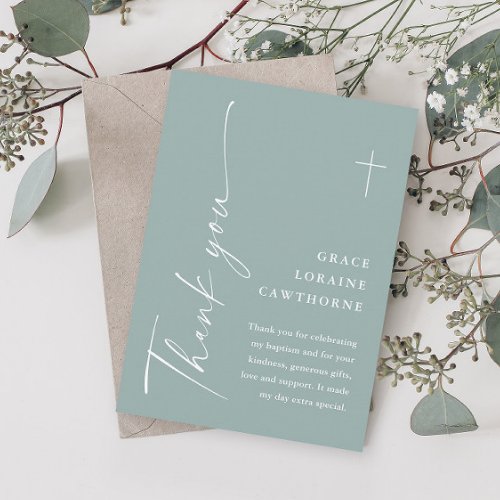 Modern Elegant Script Sage Green Baptism Thank You Card