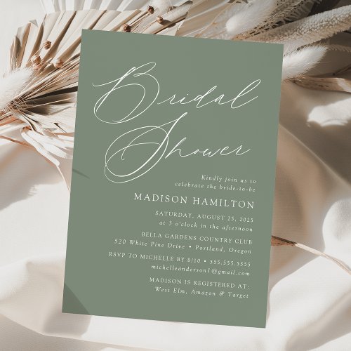 Modern Elegant Script Sage Green Bridal Shower Invitation