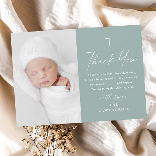 Modern Elegant Script Sage Green Photo Baptism Thank You Card