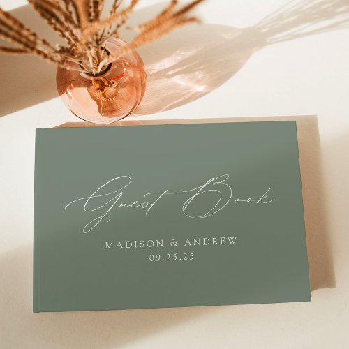 Modern Elegant Script Sage Green Photo Wedding Guest Book