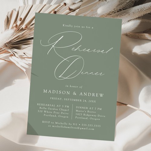 Modern Elegant Script Sage Green Rehearsal Dinner Invitation