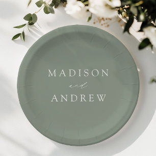 Modern Elegant Script Sage Green Wedding Paper Plates