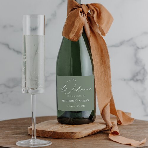 Modern Elegant Script Sage Green Wedding Sparkling Wine Label