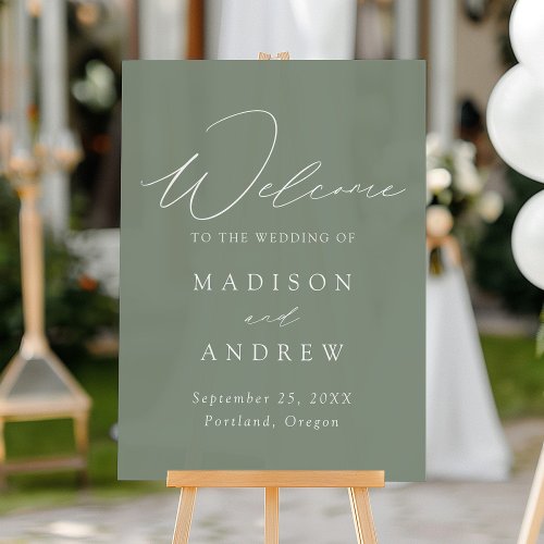 Modern Elegant Script Sage Green Wedding Welcome Acrylic Sign