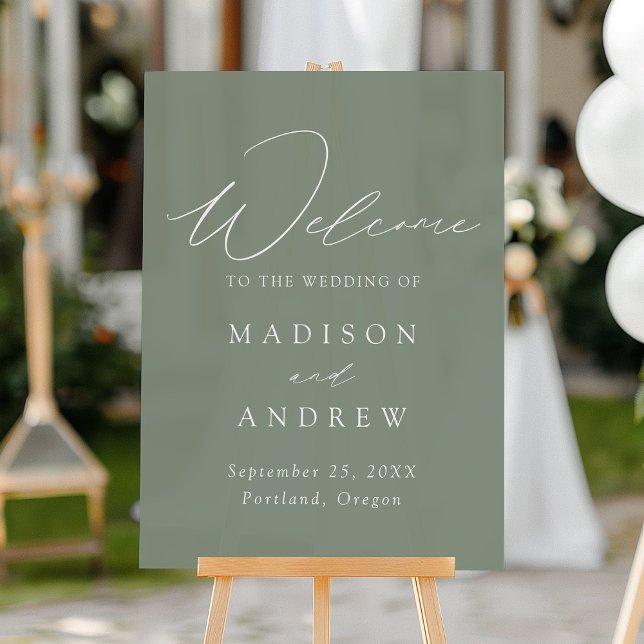 Modern Elegant Script Sage Green Wedding Welcome Acrylic Sign (Creator Uploaded)