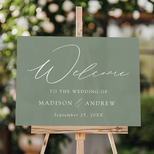 Modern Elegant Script Sage Green Wedding Welcome Acrylic Sign